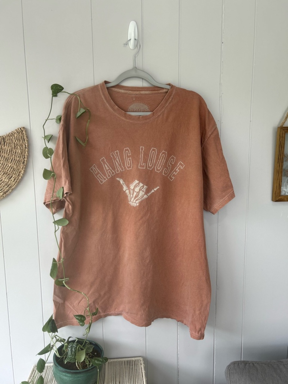 Olive Lynn Washed Terracotta Skeleton Shaka Graphic Tee - 'Hang Loose'